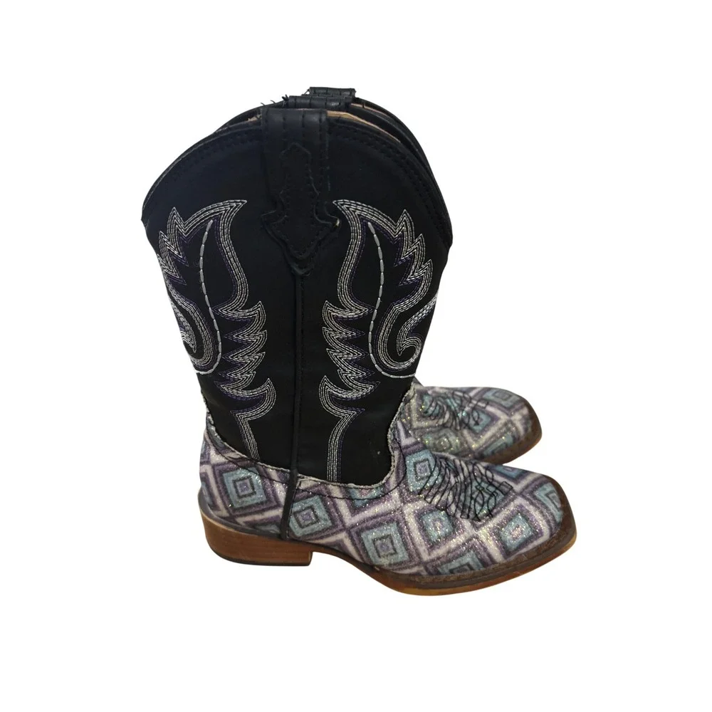 Roper Cowboy Boots 11 Cattle Kids Black Purple Glitter Geometric Western